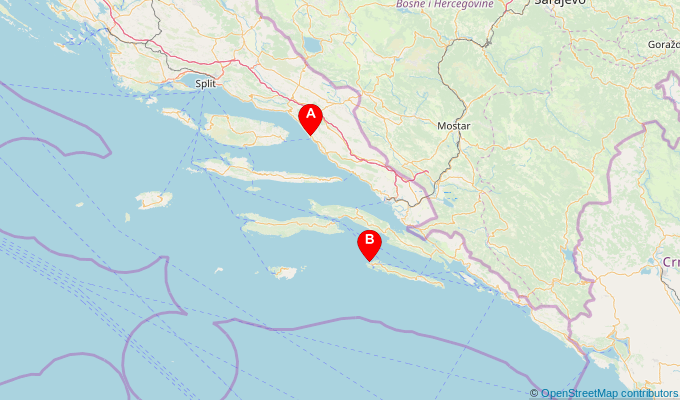 Map of ferry route between Makarska and Pomena (Mljet)